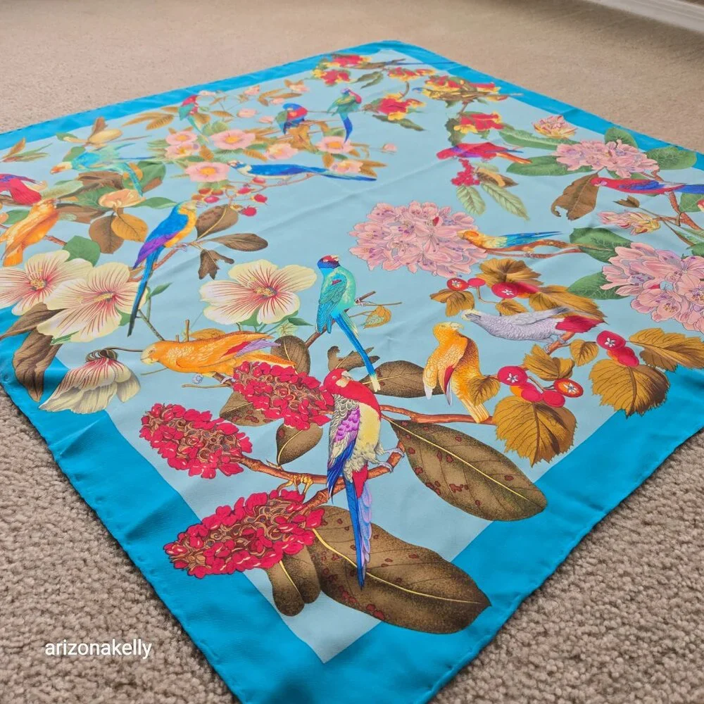 Vintage Silk Scarf Parrots Bird Hand Rolled Edges